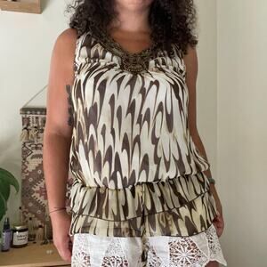 y2k beaded brown boho tank top vintage 2000s tunic blouse | size small